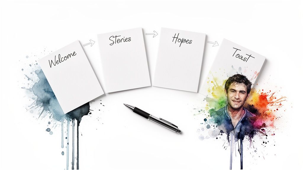 A sequence of cards showing "Welcome," "Stories," "Hopes," and "Toast" with a pen and a watercolor portrait.