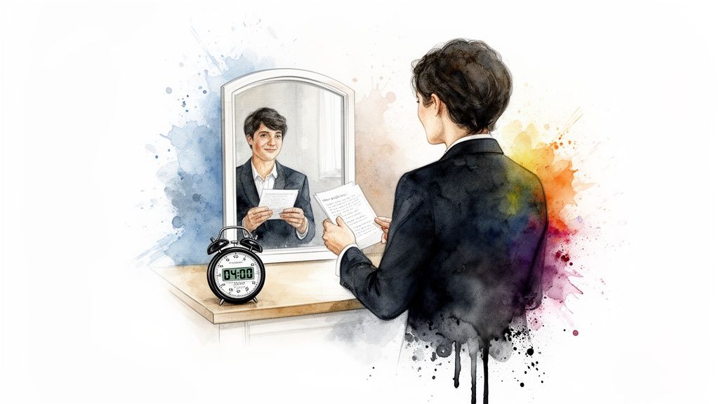 A person in a suit practices a speech in front of a mirror with an alarm clock set to 4 AM.