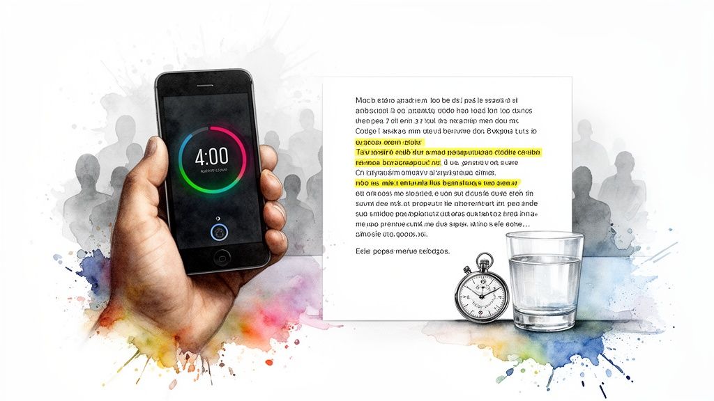 Hand holding phone with 4:00 timer, next to a speech document, pocket watch, and water glass.