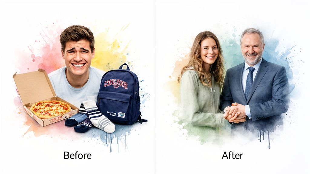 Two images: a young man with pizza and a professional couple shaking hands with watercolor backgrounds.