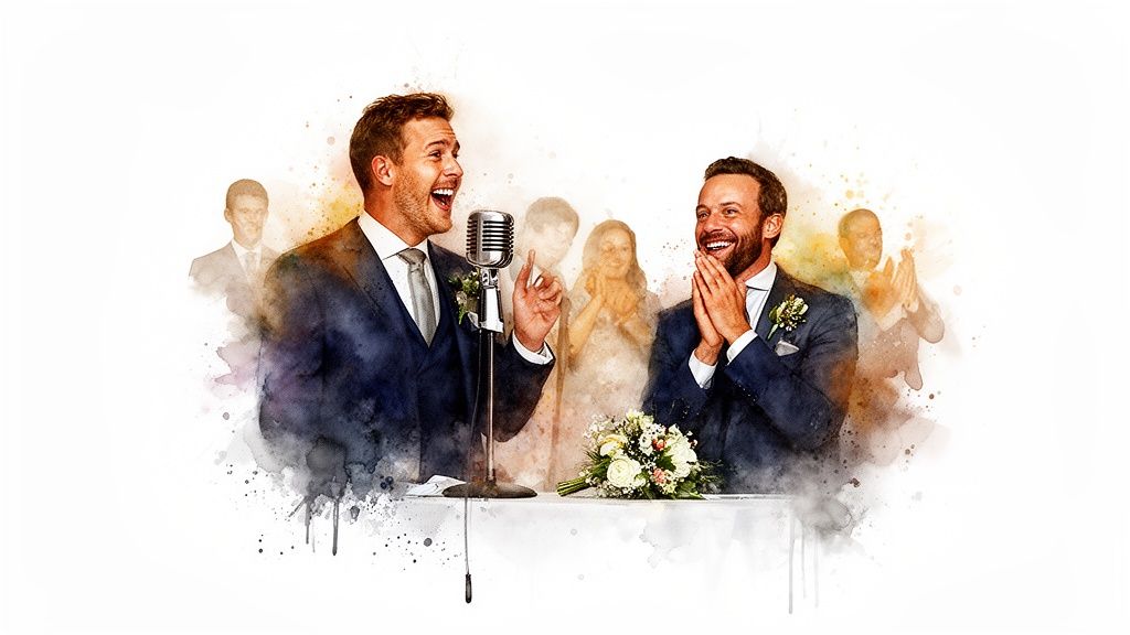 A joyous best man giving a speech at a wedding, with the groom laughing heartily.