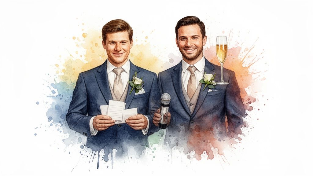 Two smiling men in suits, one holding speech notes, the other a microphone and champagne glass.