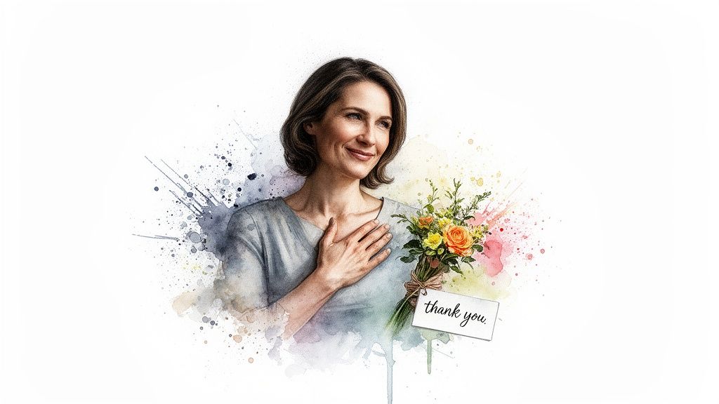 A smiling woman with short hair, hand on chest, holding a bouquet of flowers with a "thank you" card.