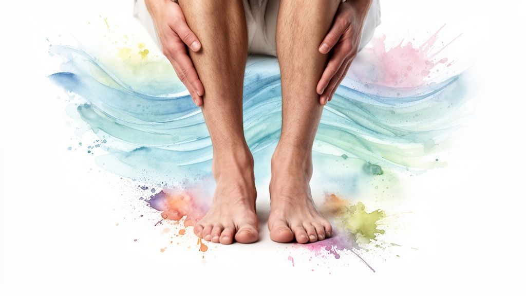 A person's bare legs and feet are centered, with hands gently touching shins, against a vibrant watercolor background.