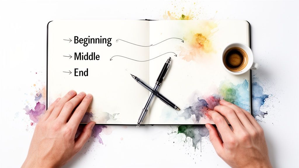 Overhead view of hands holding a notebook with 'Beginning, Middle, End' for story structure, pens, and coffee.