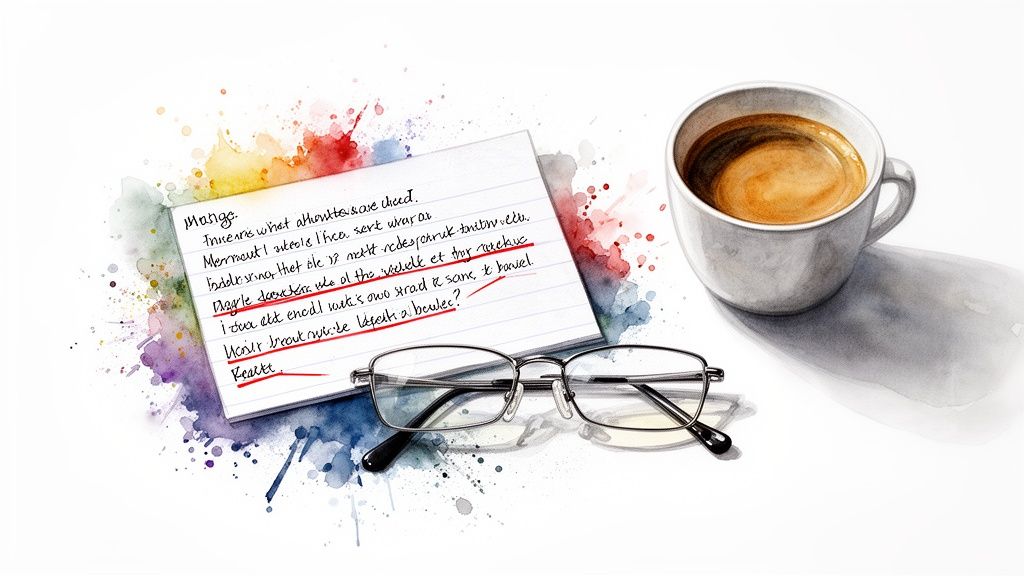 Watercolor illustration of a handwritten note, eyeglasses, and a coffee cup with colorful splatters.