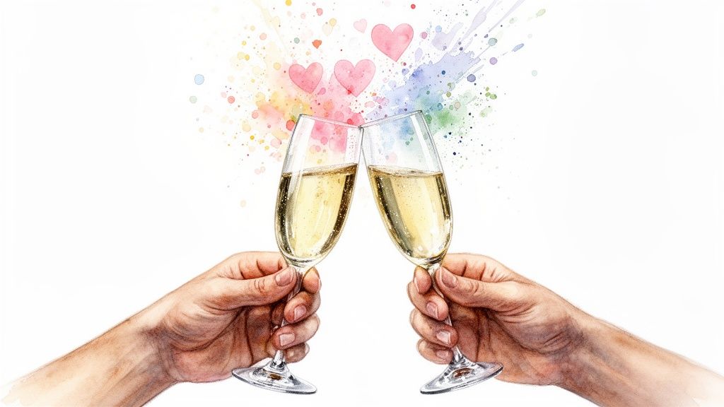 Two hands clink champagne glasses in a celebratory toast with hearts and colorful paint splatters.