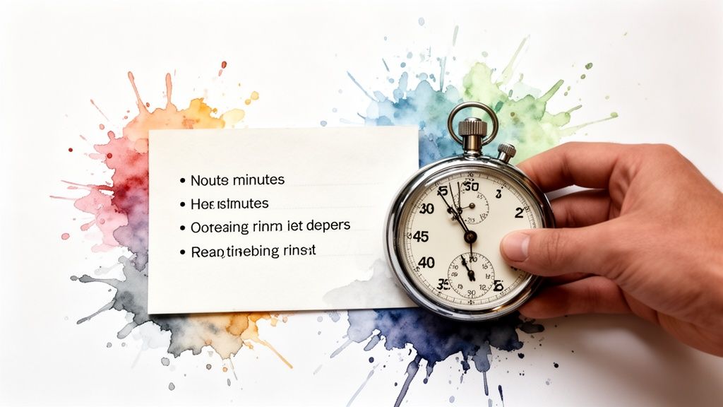 A hand holds a stopwatch on a watercolor background, next to a card with a bulleted list.