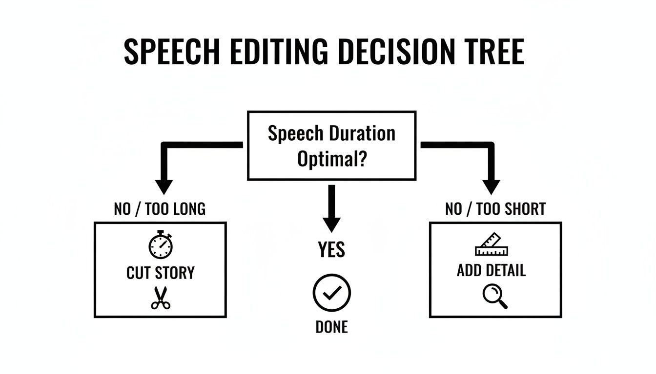 A speech editing decision tree flowchart to determine if speech duration is optimal.