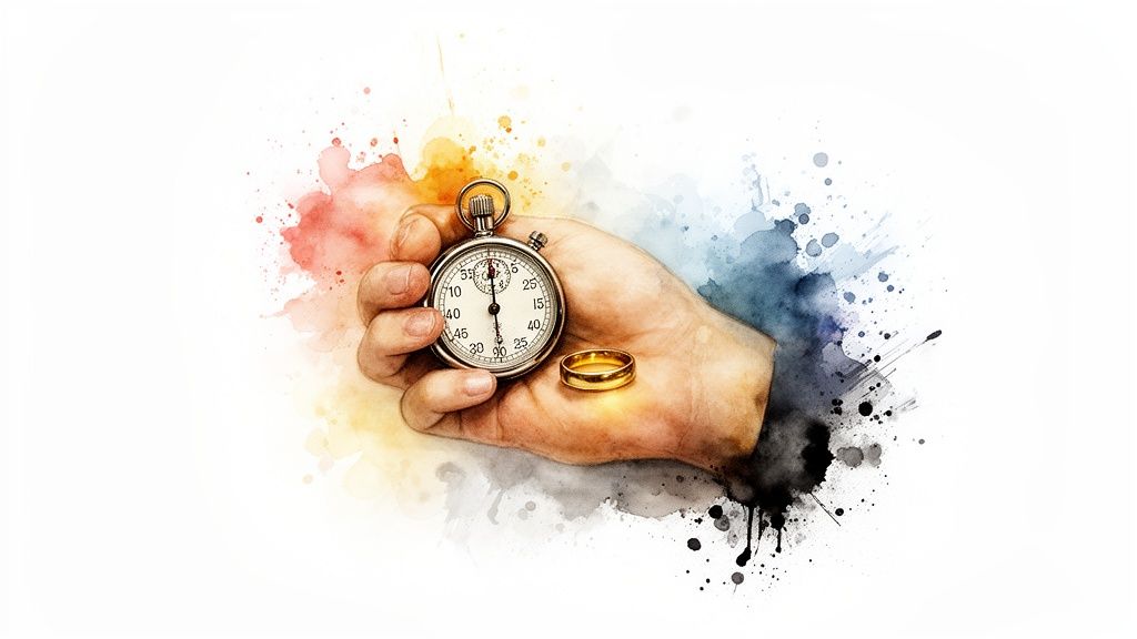 A hand holds a stopwatch next to a gold wedding ring, with colorful watercolor splashes.