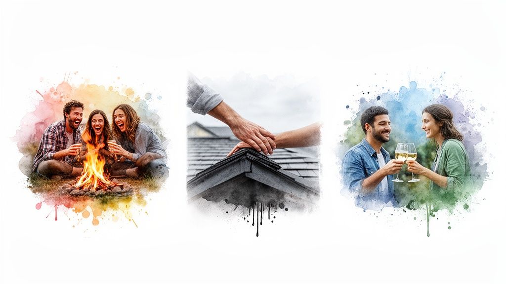 Three watercolor-style images showing friendship, home protection, and a couple celebrating life moments.