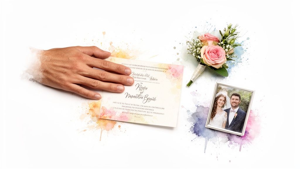 A person's hand holds a wedding invitation, next to a pink rose boutonniere and a framed photo of a smiling wedding couple.