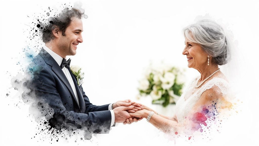 A smiling groom and his mother hold hands during a wedding ceremony, depicted with a watercolor effect.