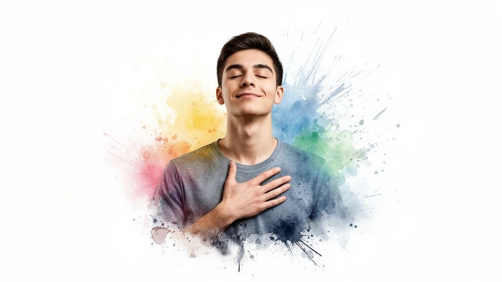 Young man with closed eyes and hand on chest, surrounded by vibrant watercolor art, conveying heartfelt emotion.