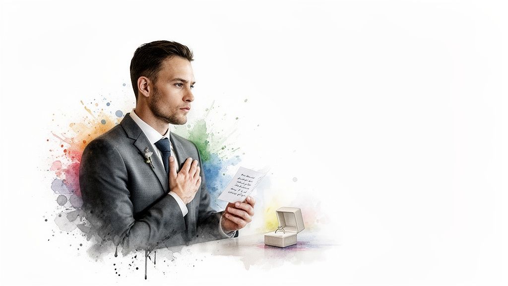 Thoughtful man in a suit reads a letter beside an open engagement ring box with colorful splashes.