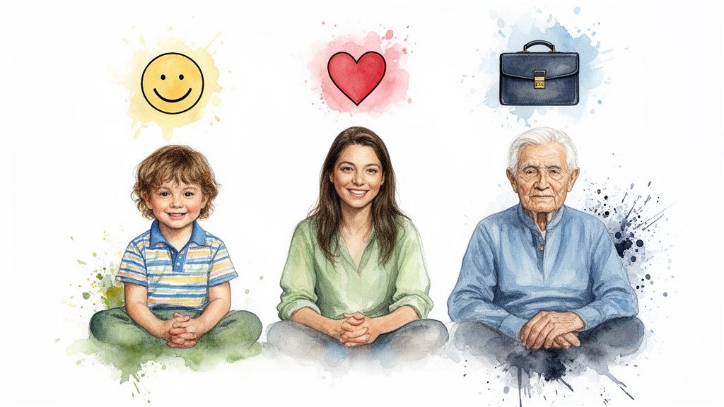 Three people of different generations: a child, a woman, and an elderly man, with icons representing happiness, love, and career.
