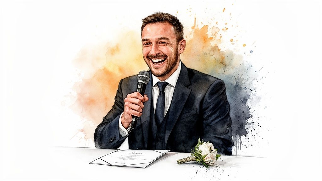 A joyful man in a suit gives a speech, holding a microphone, with a document and boutonnière on the table.