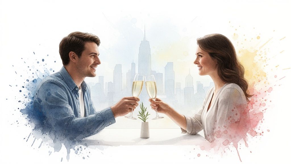 A watercolor painting of a smiling couple toasting with champagne flutes against a city skyline.