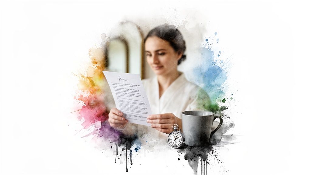 A woman in a robe reads a document next to a mug and pocket watch, surrounded by colorful watercolor splashes.
