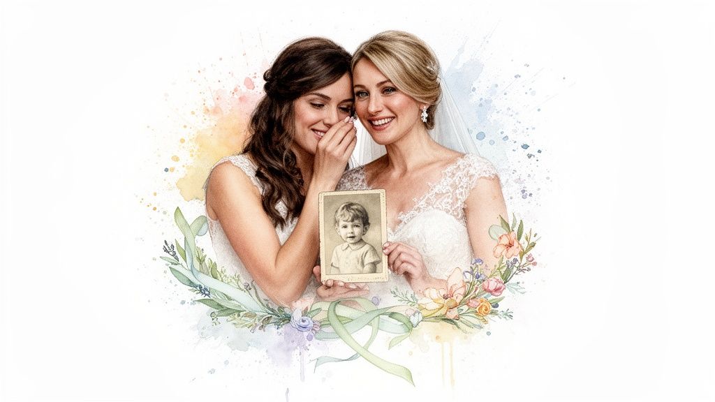Two happy brides in wedding dresses holding a vintage photo of a child, with watercolor splashes.