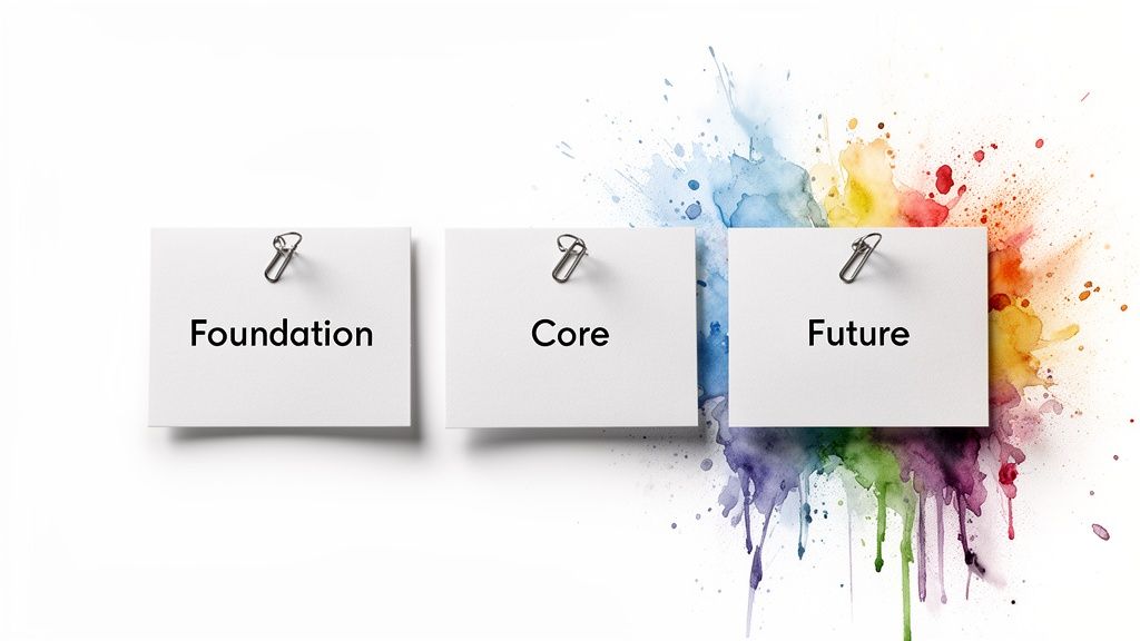 White notecards display "Foundation," "Core," "Future" next to a vibrant watercolor splash, symbolizing planning and growth.