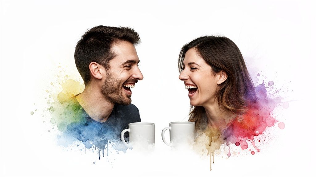 A joyful man and woman laughing over white mugs, surrounded by vibrant watercolor splashes.