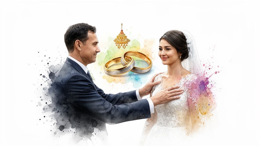 A tender moment between a man and a bride at a wedding, with rings and traditional cultural symbols.