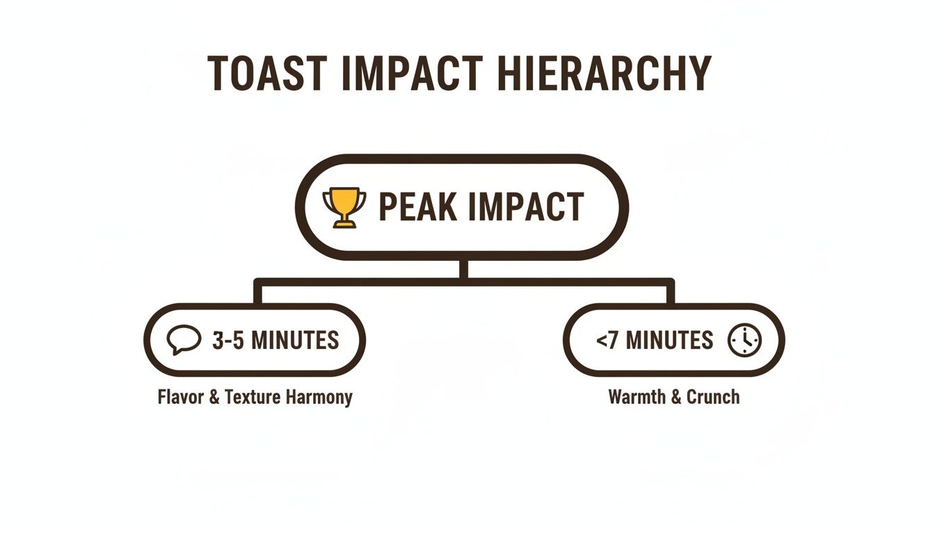A hierarchy chart showing toast impact. Peak impact is achieved at 3-5 minutes for flavor and texture harmony, or under 7 minutes for warmth and crunch.