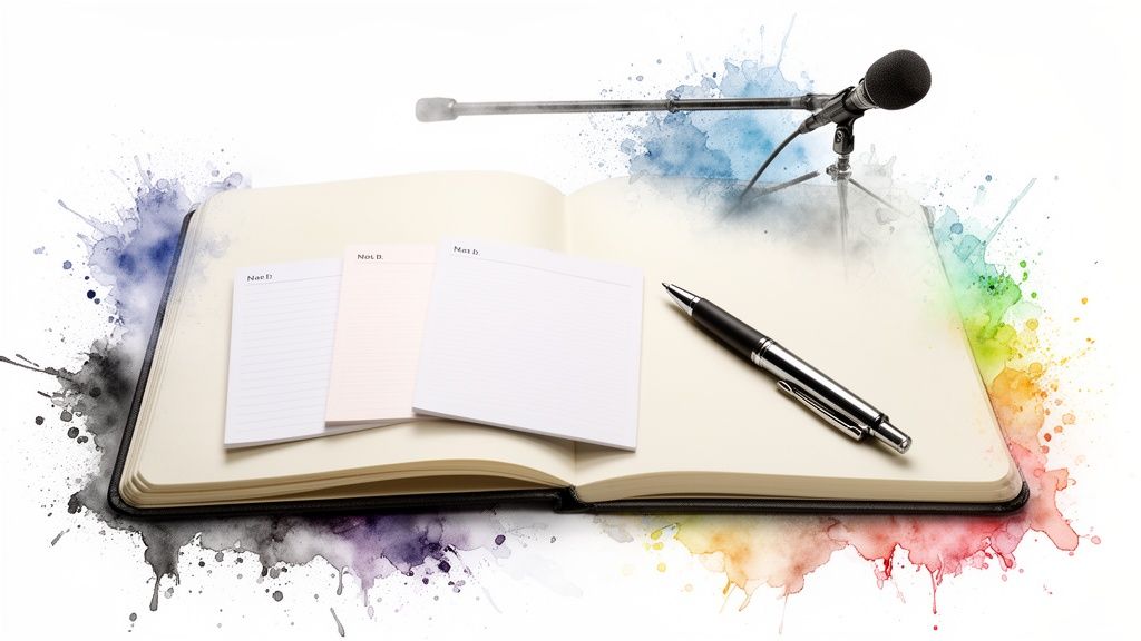 An open notebook with a pen and blank notes, a microphone, and colorful watercolor splashes.