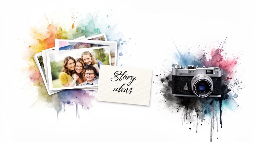 A creative display of photography elements: a retro camera, framed family pictures, and a note for story ideas.