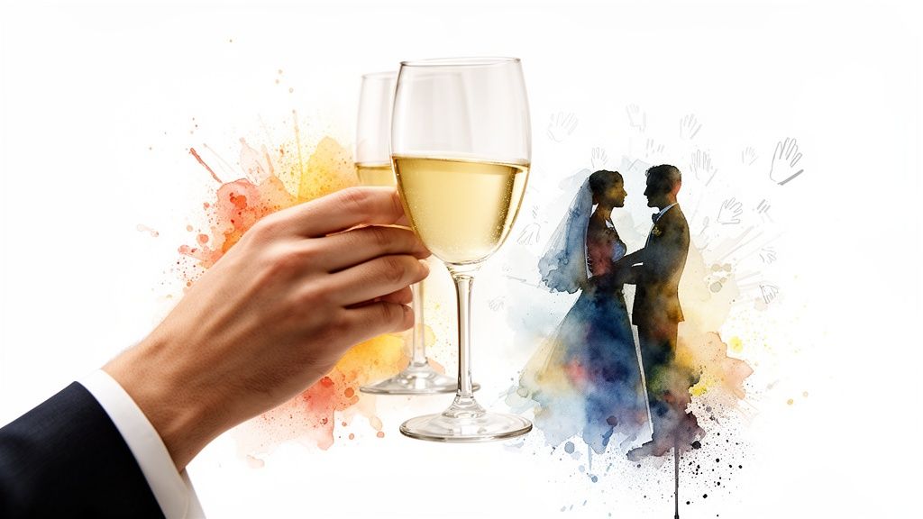 A hand holding a champagne glass with a watercolor illustration of a bride and groom embracing.
