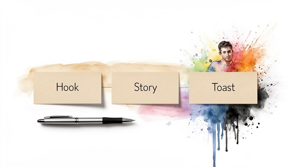 Three cards illustrating a speech structure: Hook, Story, and Toast, with a pen and colorful watercolor art.