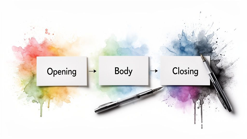 Three cards labeled Opening, Body, and Closing, illustrating the structure of a speech or written piece, with pens.