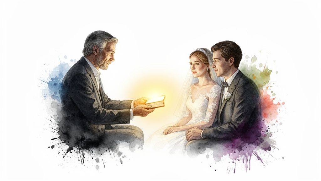 Older man gives a glowing book to a smiling bride and groom in a watercolor illustration.