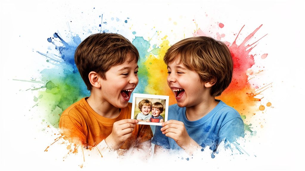 Joyful twin boys laughing, holding a picture of their younger selves, with a vibrant watercolor splash background.