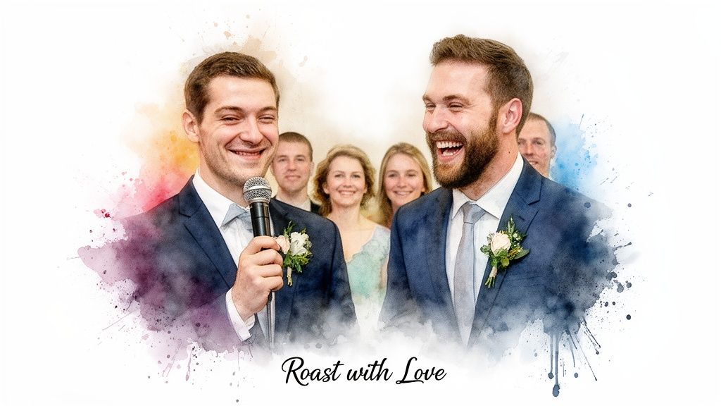 Two joyful groomsmen in suits, one holding a microphone, with smiling wedding guests behind them.