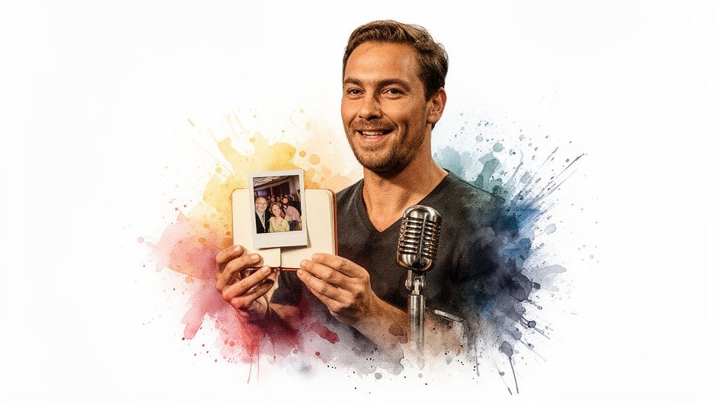 A cheerful man holds a small photo and a book, next to a classic microphone.