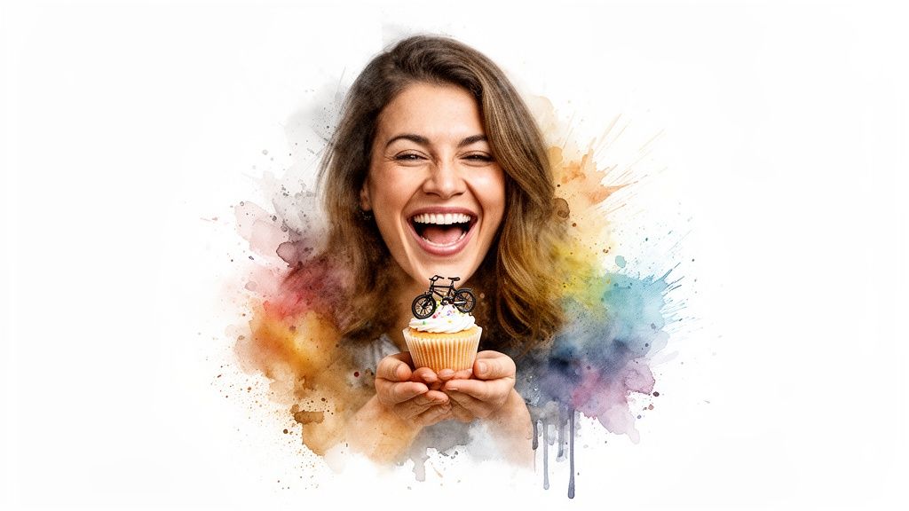 A joyous woman with a wide smile holds a cupcake topped with a miniature bicycle against a colorful watercolor background.