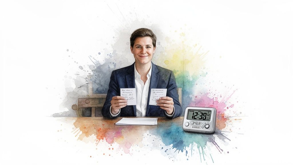 Smiling man in a suit holds two handwritten notes at a desk with a digital timer, watercolor style.