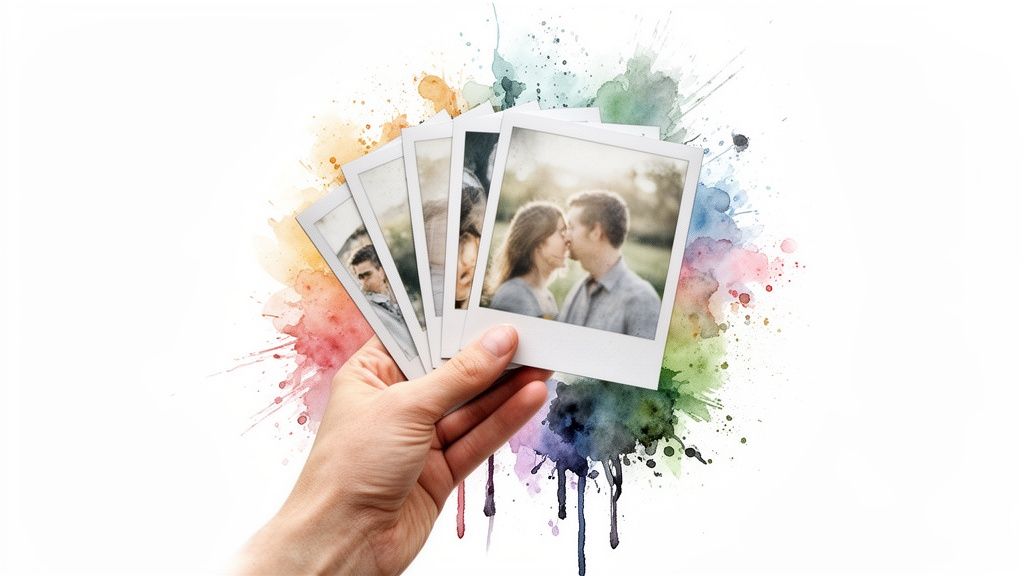 A hand holds a fan of instant photos, featuring a couple kissing, against a vibrant watercolor background.