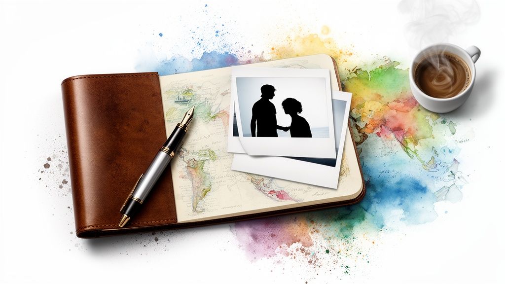 Artistic flat lay of a travel journal, fountain pen, couple's photos, and coffee with watercolors.
