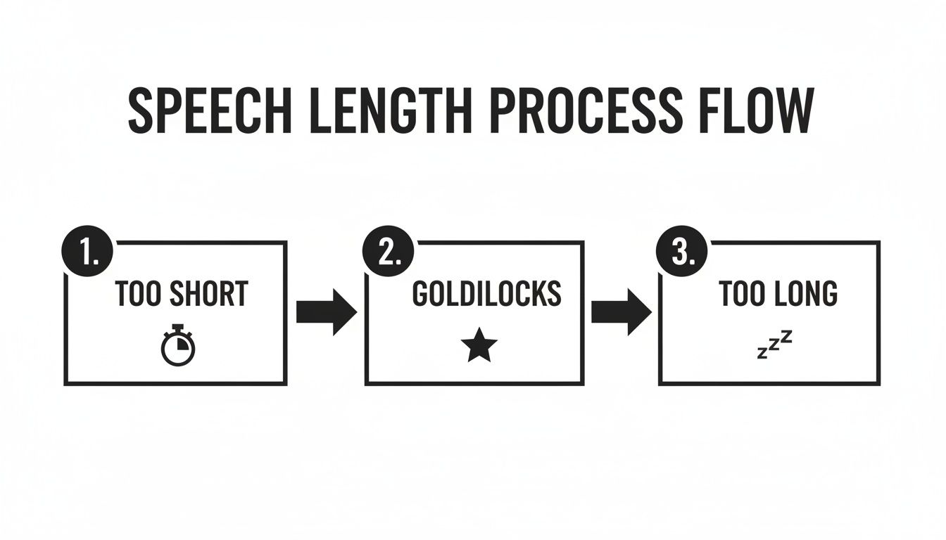 A process flow diagram illustrates ideal speech length, progressing from 'Too Short' to 'Goldilocks' and 'Too Long'.