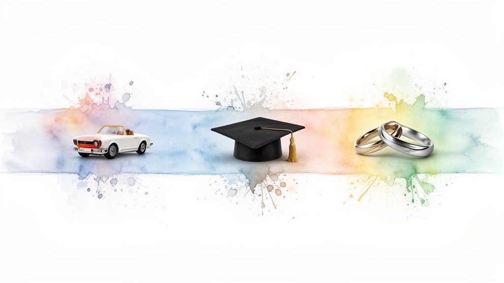 A white toy car, graduation cap, and two wedding rings on a vibrant watercolor background.