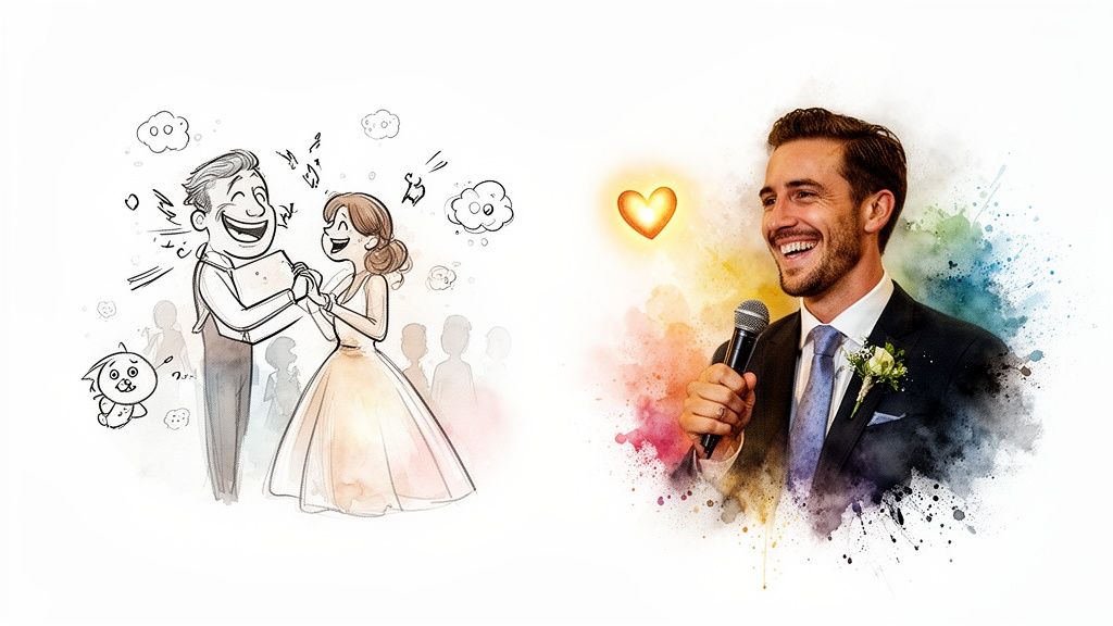 Joyful cartoon couple celebrating and a smiling best man giving a wedding speech.