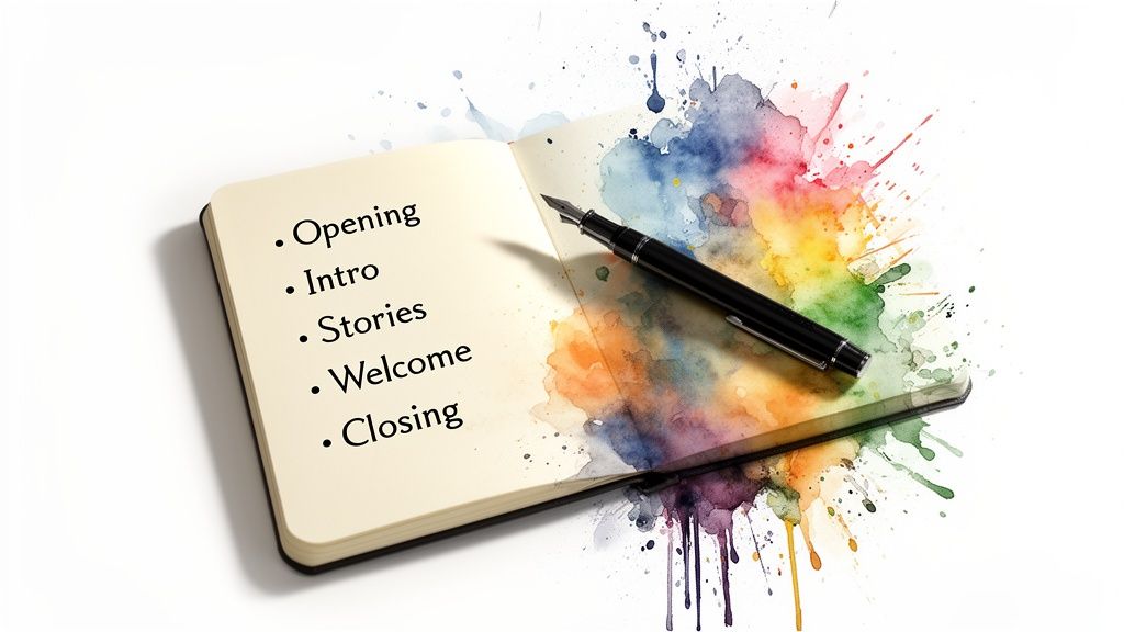 Open notebook with a bulleted speech outline and a fountain pen on colorful watercolor splashes.