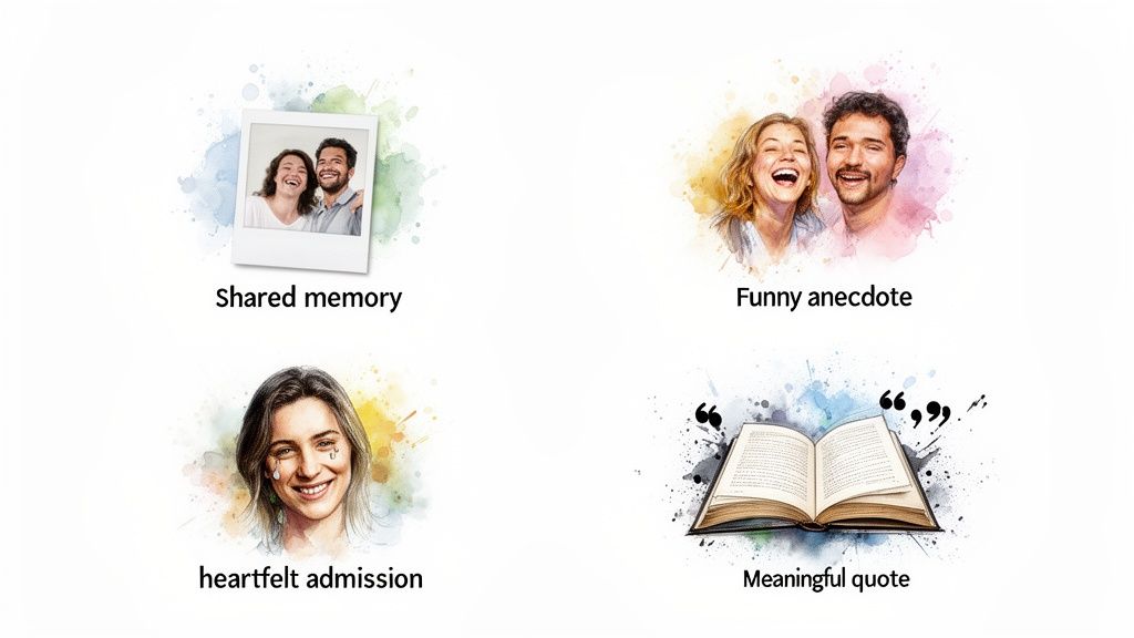 Four watercolor illustrations depicting shared memories, funny anecdotes, heartfelt admissions, and meaningful quotes related to speeches.