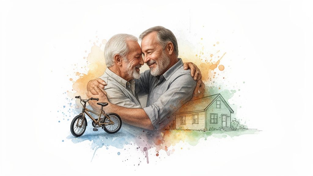 Watercolor illustration of two happy elderly men embracing, with a child's bike and a house.