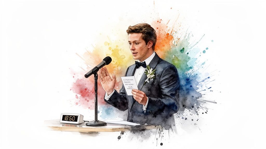 A man in a tuxedo delivers a best man speech at a microphone, holding notes, against a colorful watercolor splash background.
