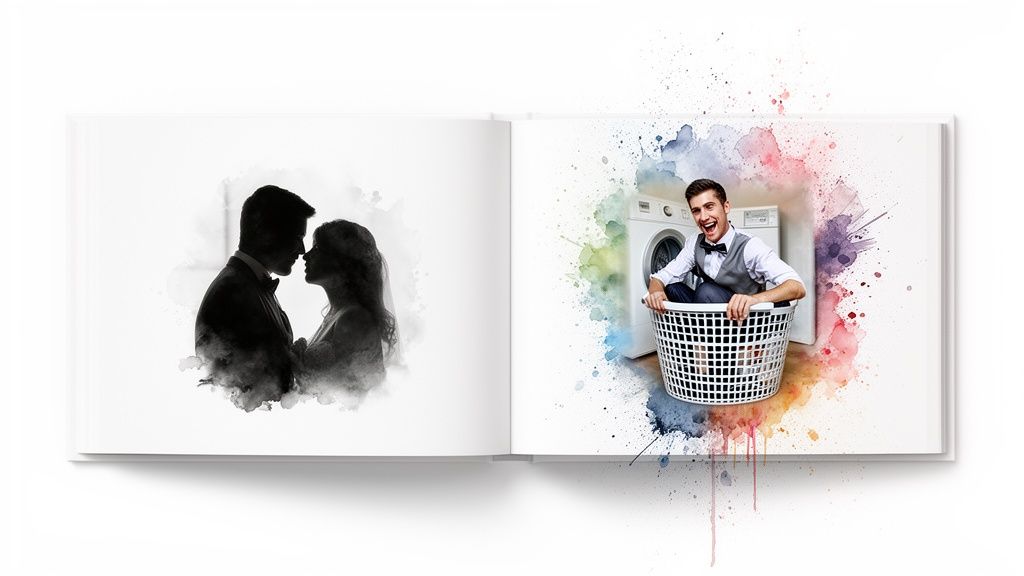 An open photo album displays a romantic couple in silhouette and a funny groom in a laundry basket.