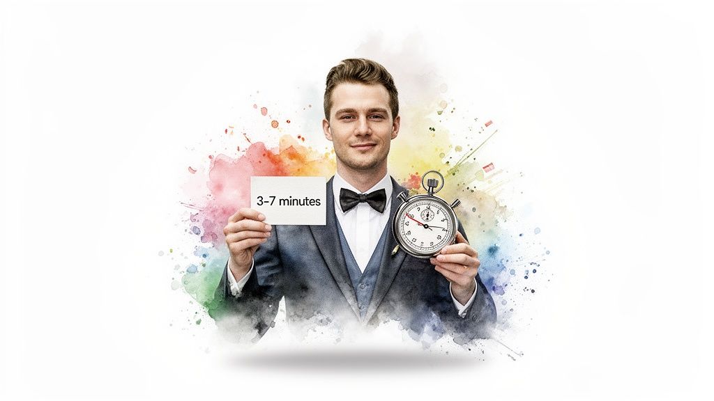 A man in a suit holds a '3-7 minutes' sign and a stopwatch, smiling.